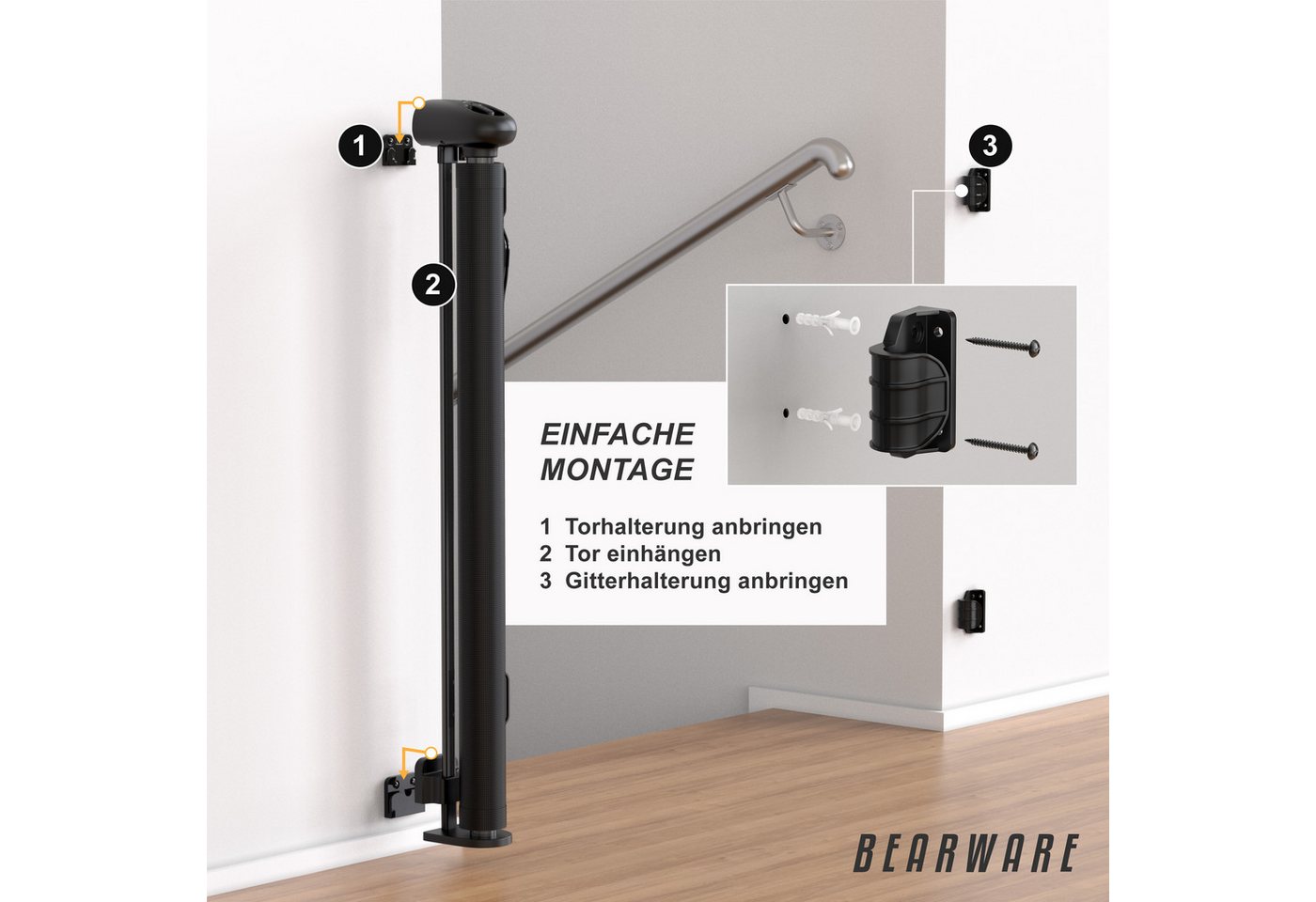 BEARWARE Türschutzgitter Treppenschutzgitter, Baby Schutzgitter, Kindersicheres Absperrgitter (1 St), Kind Sicherheitsgitter 180cm ausziehbar, Hund Safety Gate, – Bild 3 von 5