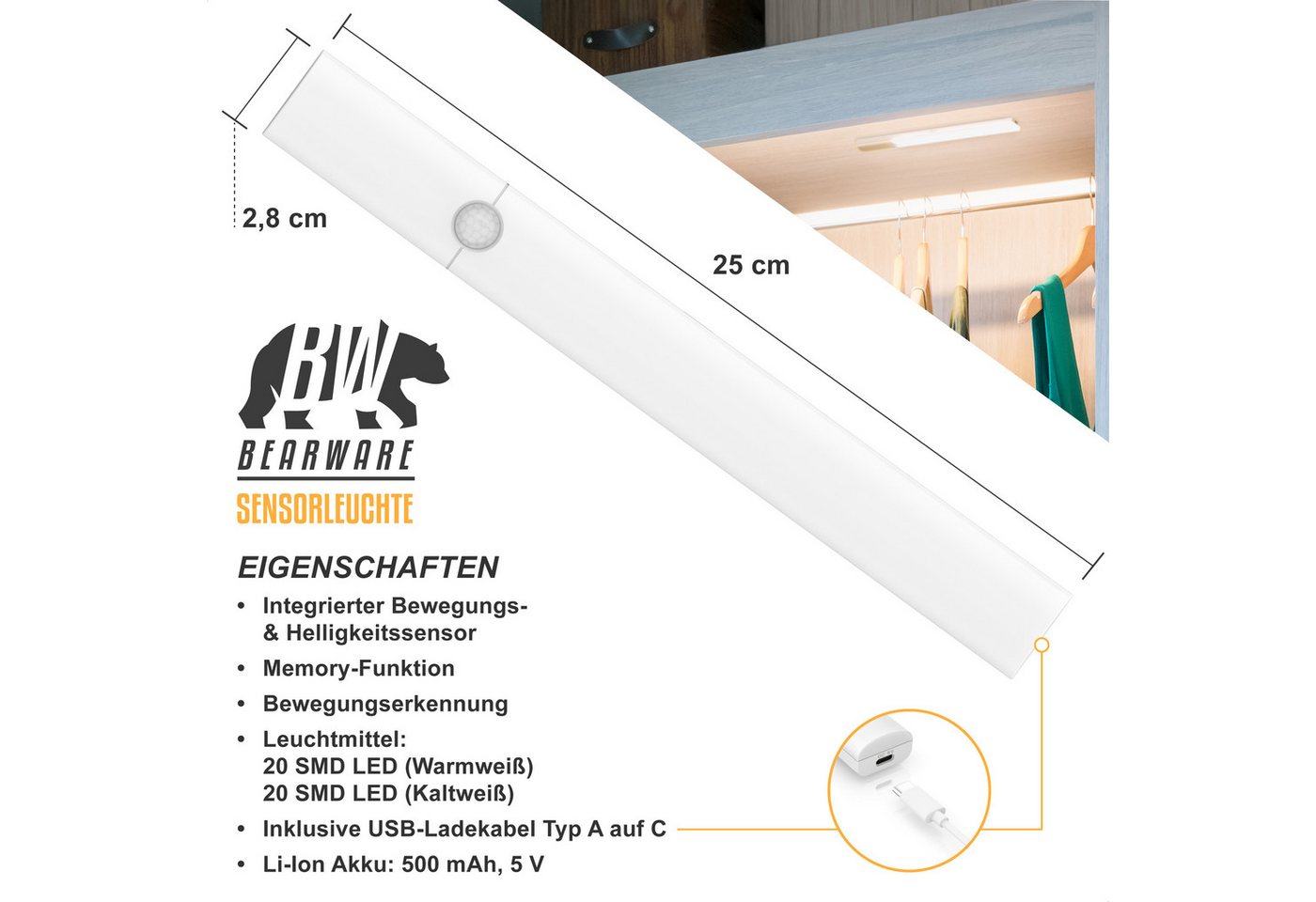 BEARWARE Unterschrankleuchte Schranklicht mit Bewegungsmelder, Akku, 3 Lichtfarben, dimmbar, Bewegungsmelder (PIR), Lichtsensor, Dimmfunktion (10–100), Memory-F – Bild 2 von 5