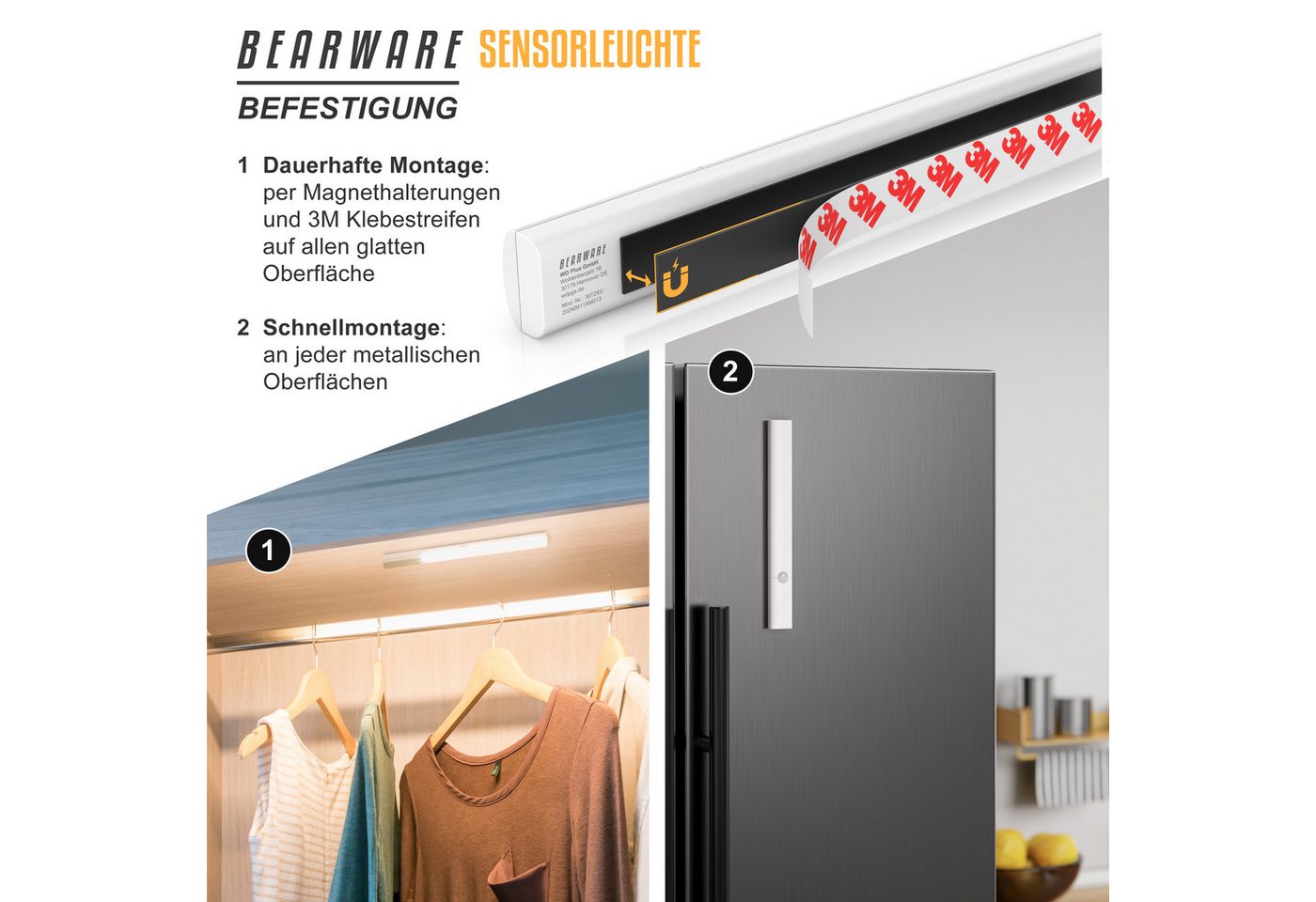BEARWARE Unterschrankleuchte Schranklicht mit Bewegungsmelder, Akku, 3 Lichtfarben, dimmbar, Bewegungsmelder (PIR), Lichtsensor, Dimmfunktion (10–100), Memory-F – Bild 3 von 5