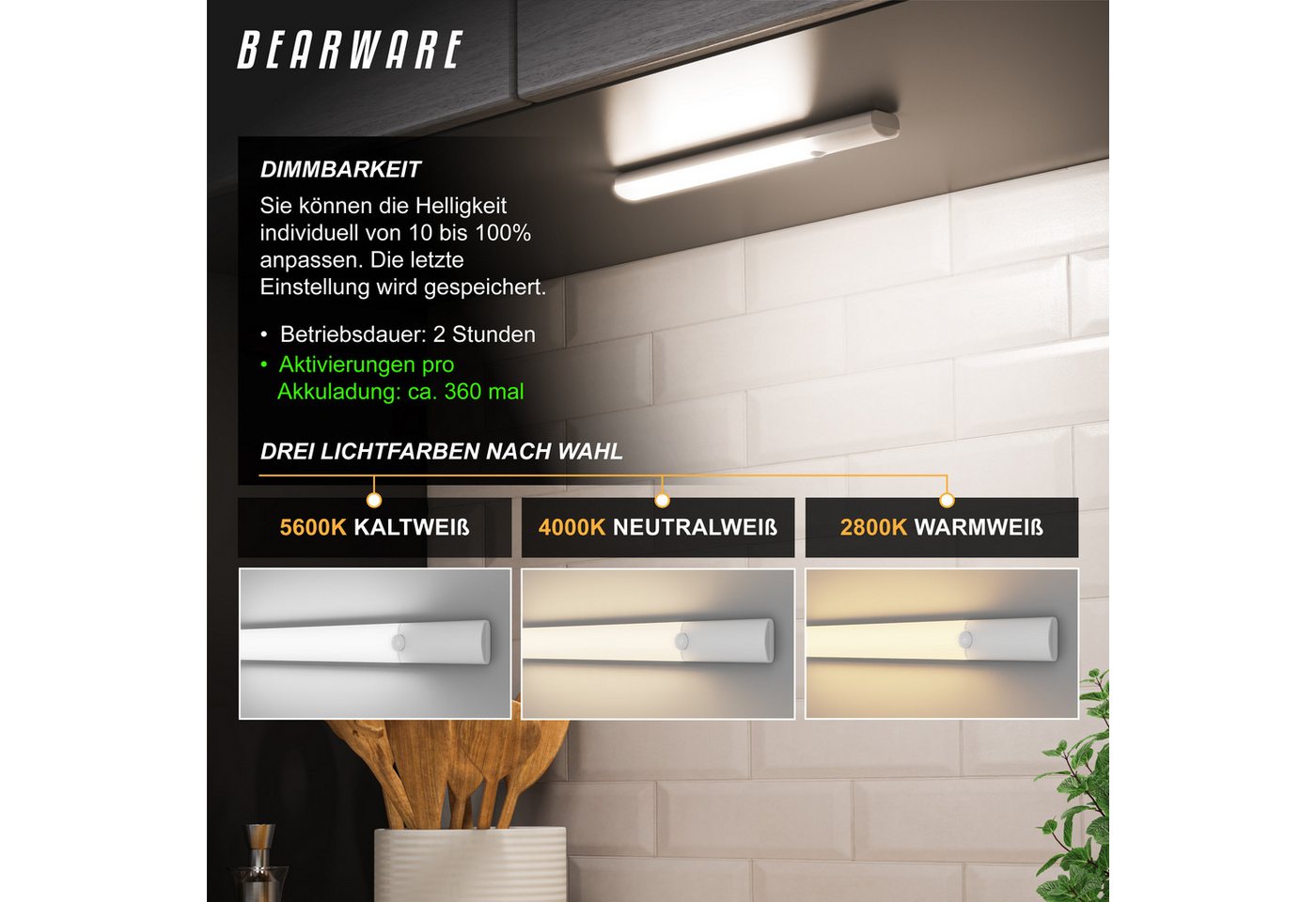 BEARWARE Unterschrankleuchte Schranklicht mit Bewegungsmelder, Akku, 3 Lichtfarben, dimmbar, Bewegungsmelder (PIR), Lichtsensor, Dimmfunktion (10–100), Memory-F – Bild 4 von 5