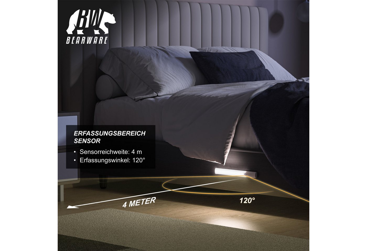BEARWARE Unterschrankleuchte Schranklicht mit Bewegungsmelder, Akku, 3 Lichtfarben, dimmbar, Bewegungsmelder (PIR), Lichtsensor, Dimmfunktion (10–100), Memory-F – Bild 5 von 5