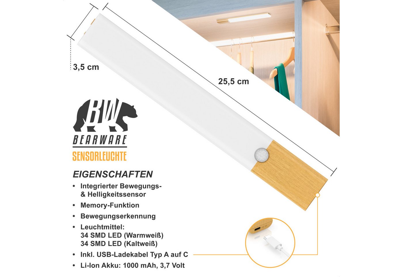 BEARWARE Unterschrankleuchte Schranklicht mit Bewegungsmelder, Akku, 3 Farbtemperaturen, dimmbar, stufenlos dimmbar, Memory-Funktion, 3 Lichtfarben, LED fest ve – Bild 2 von 5