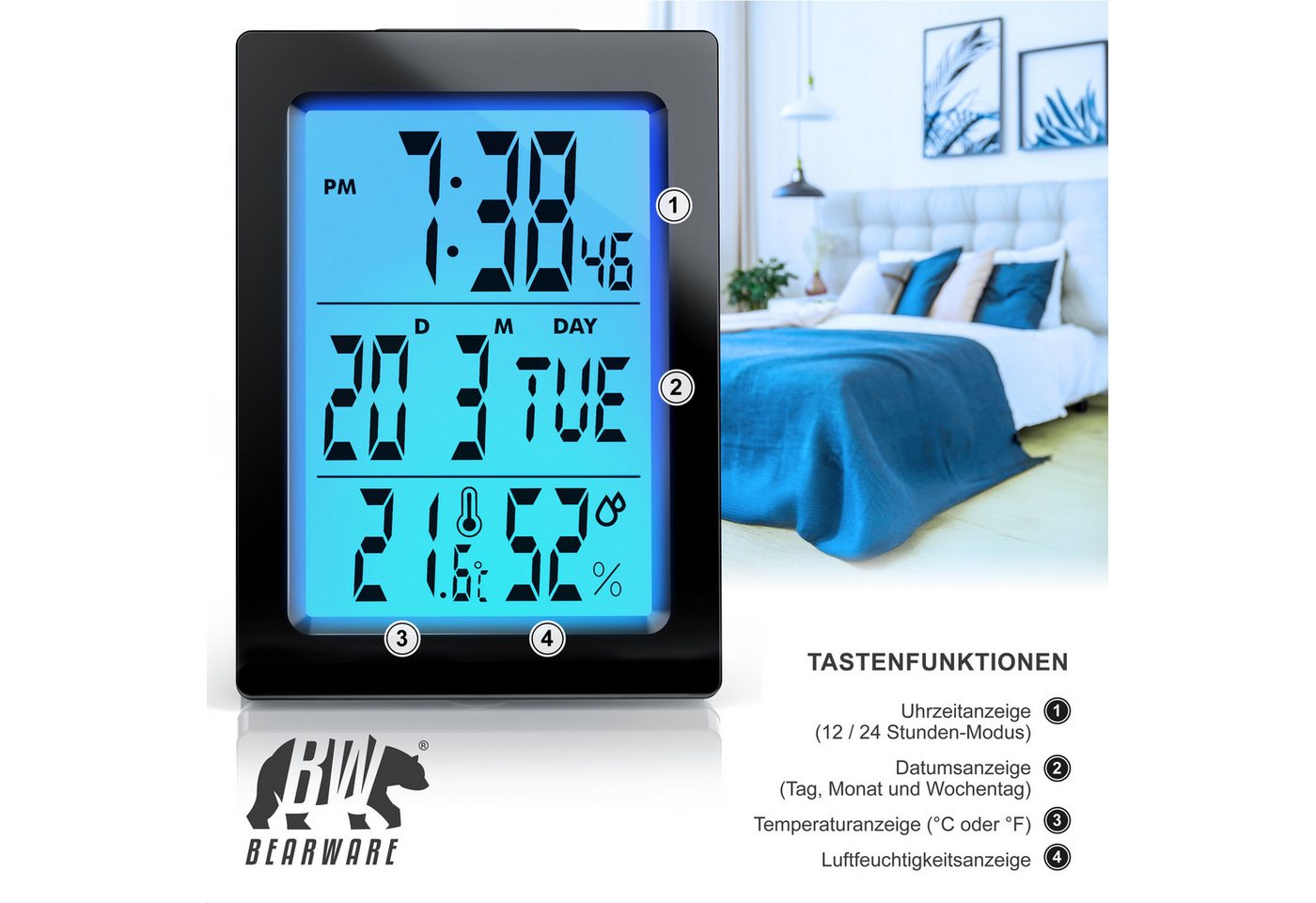 BEARWARE Wecker digital für Nachttisch, Reisewecker, batteriebetrieben, XL-Display Schlummerfunktion, Temperatur & Luftfeuchte, 2 Alarme, kompakt – Bild 3 von 5