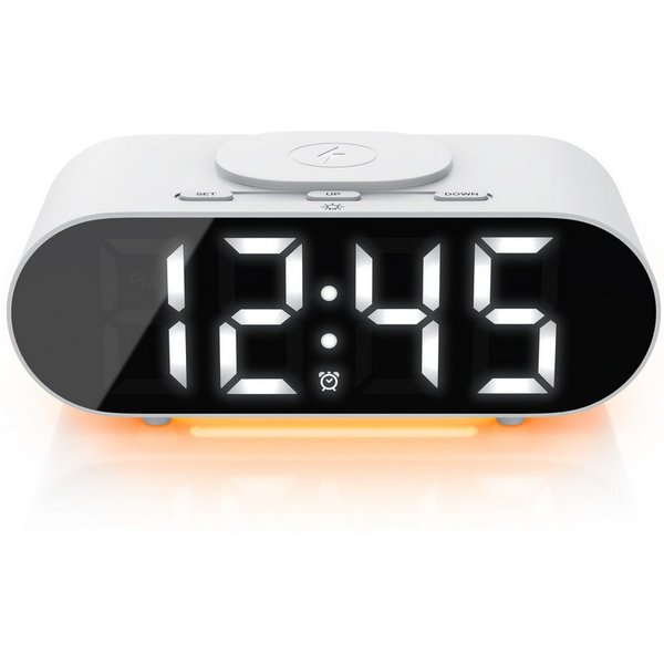 BEARWARE Wecker mit Netzteil & Akku, mit Beleuchtung & QI Ladefunktion, 3 Alarmzeiten Schlummerfunktion, Kabelloses Laden Wireless Charger, Akustiksteuerung