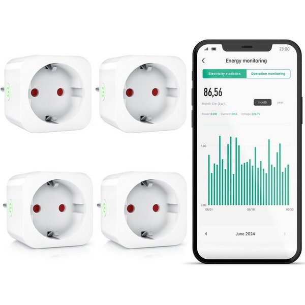 BEARWARE WLAN-Steckdose mit Strommessung, 2,4Ghz WiFi Fernsteuerung per App, Sprachsteuerung, Spar-Set, 4-St., 4er Set, Zeitschaltuhr, Energiekostenmessgerät, S