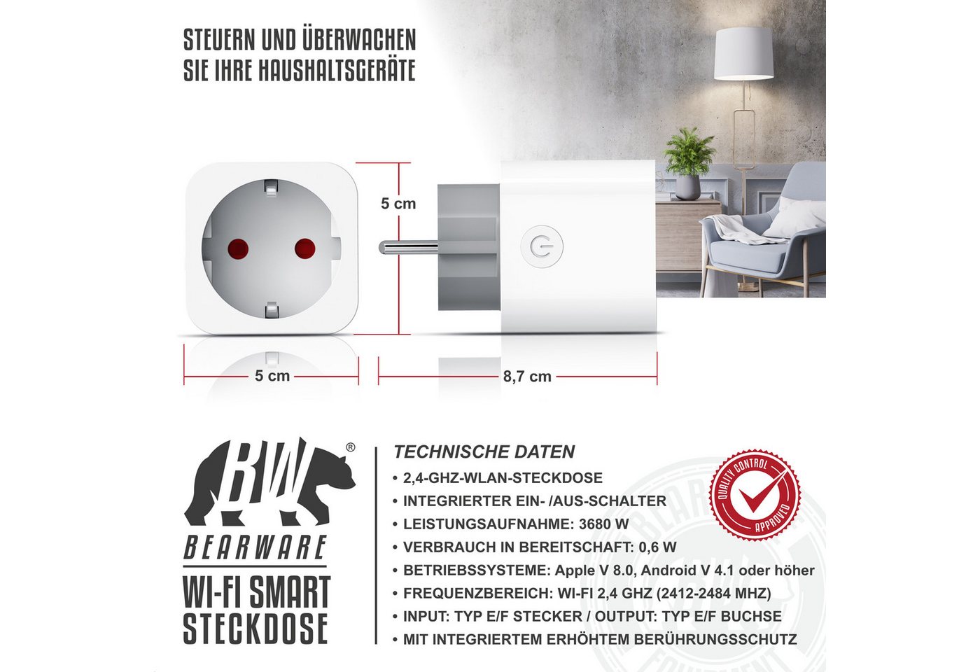 BEARWARE WLAN-Steckdose mit Strommessung, 2,4Ghz WiFi Fernsteuerung per App, Sprachsteuerung, Spar-Set, 4-St., 4er Set, Zeitschaltuhr, Energiekostenmessgerät, S – Bild 2 von 5