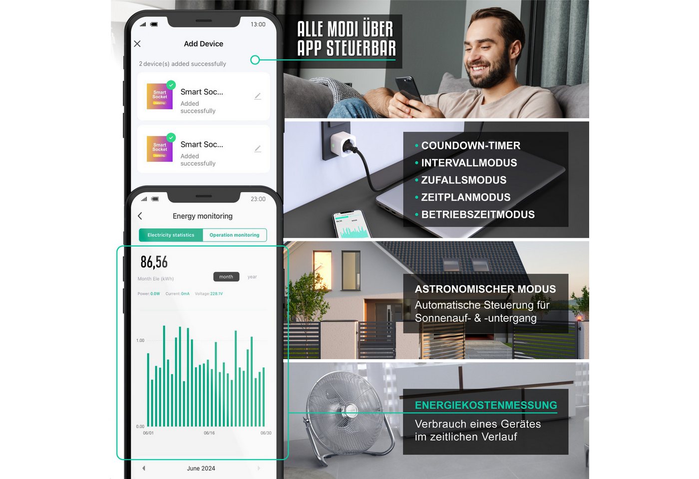 BEARWARE WLAN-Steckdose mit Strommessung, 2,4Ghz WiFi Fernsteuerung per App, Sprachsteuerung, Spar-Set, 4-St., 4er Set, Zeitschaltuhr, Energiekostenmessgerät, S – Bild 3 von 5