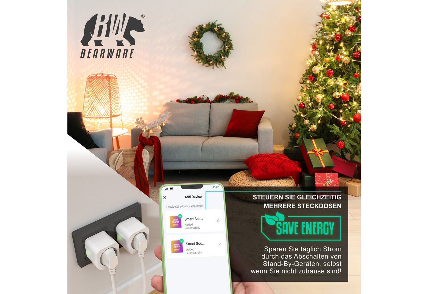 BEARWARE WLAN-Steckdose mit Strommessung, 2,4Ghz WiFi Fernsteuerung per App, Sprachsteuerung, Spar-Set, 4-St., 4er Set, Zeitschaltuhr, Energiekostenmessgerät, S – Bild 4 von 5