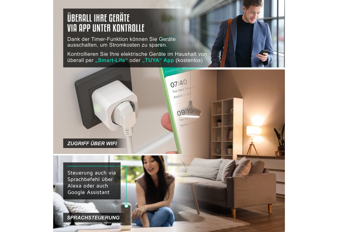 BEARWARE WLAN-Steckdose mit Strommessung, 2,4Ghz WiFi Fernsteuerung per App, Sprachsteuerung, Spar-Set, 4-St., 4er Set, Zeitschaltuhr, Energiekostenmessgerät, S – Bild 5 von 5