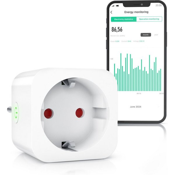 BEARWARE WLAN-Steckdose mit Strommessung, 2,4Ghz WiFi Fernsteuerung per App, Sprachsteuerung, 1-St., Zeitschaltuhr, Energiekostenmessgerät, Smart life App, Time