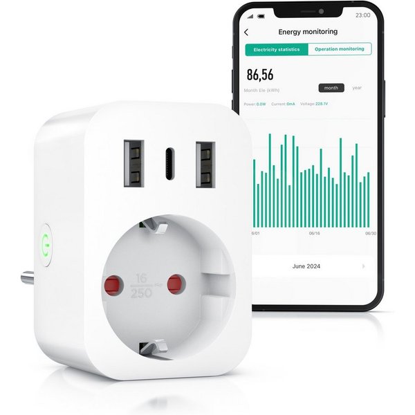 BEARWARE WLAN-Steckdose mit USB, 2,4Ghz WiFi Fernsteuerung per Smart life App, Sprachsteuerung, 1-St., Zeitschaltuhr, Energiekostenmessgerät, USB-Ladegerät, Cou