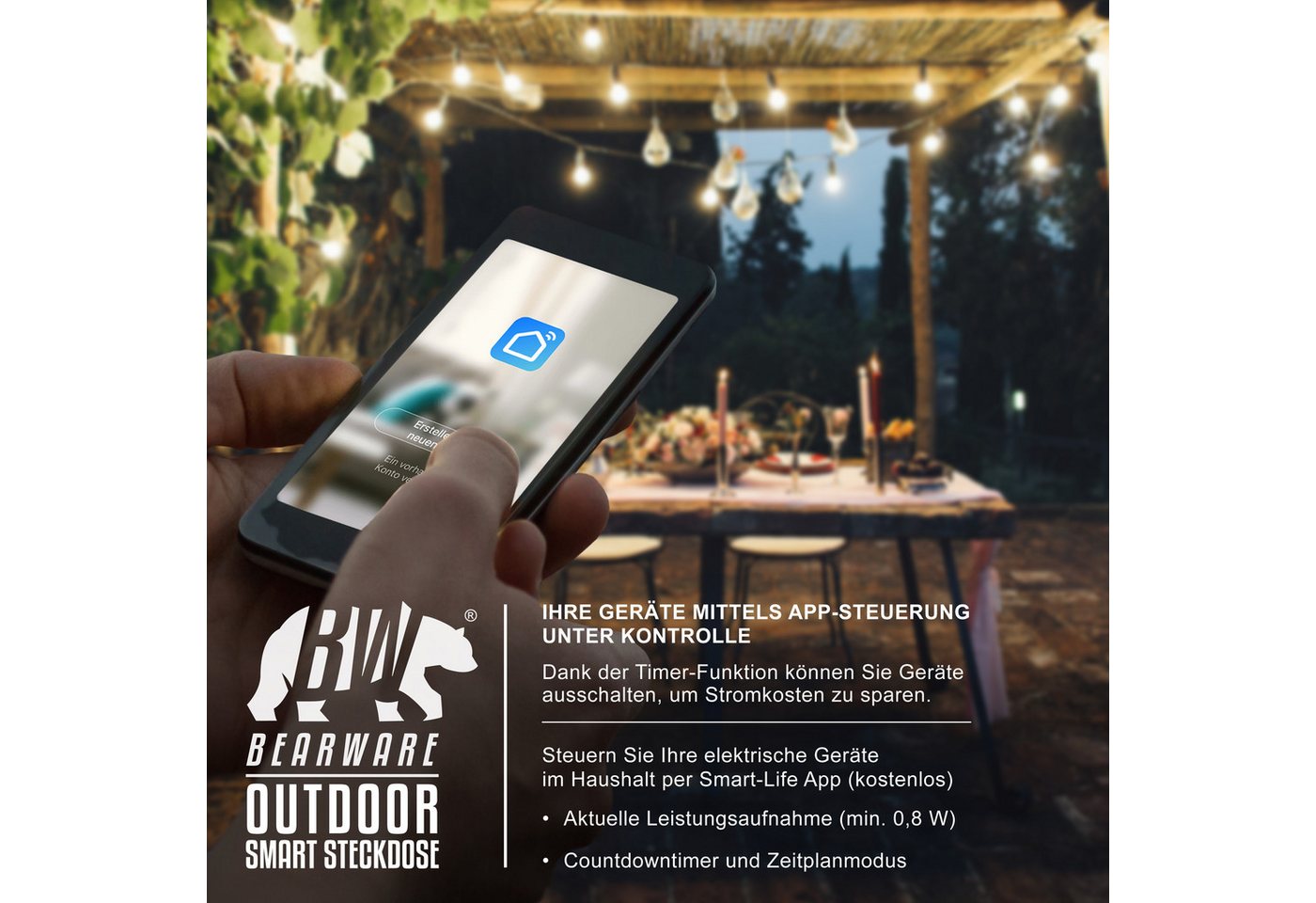 BEARWARE WLAN-Steckdose Wifi Outdoor Steckdose 2,4 Ghz, Steuerung per App Smart Life / IP44, max. 3000 W, 4-St., schalten per App und Zeitplan, für Garten und T – Bild 4 von 5