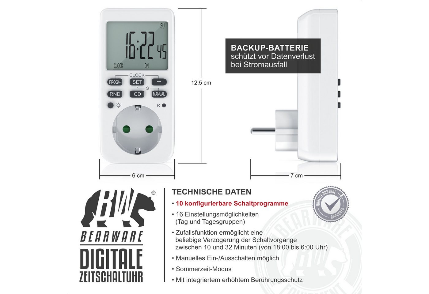 BEARWARE Zeitschaltuhr digital mit LCD Display, Steckdosen Timer, max. 3680W, indoor, digital, 1-St., 10 konfigurierbare Programme, Zufallsschaltung, Wochenzeit – Bild 2 von 5