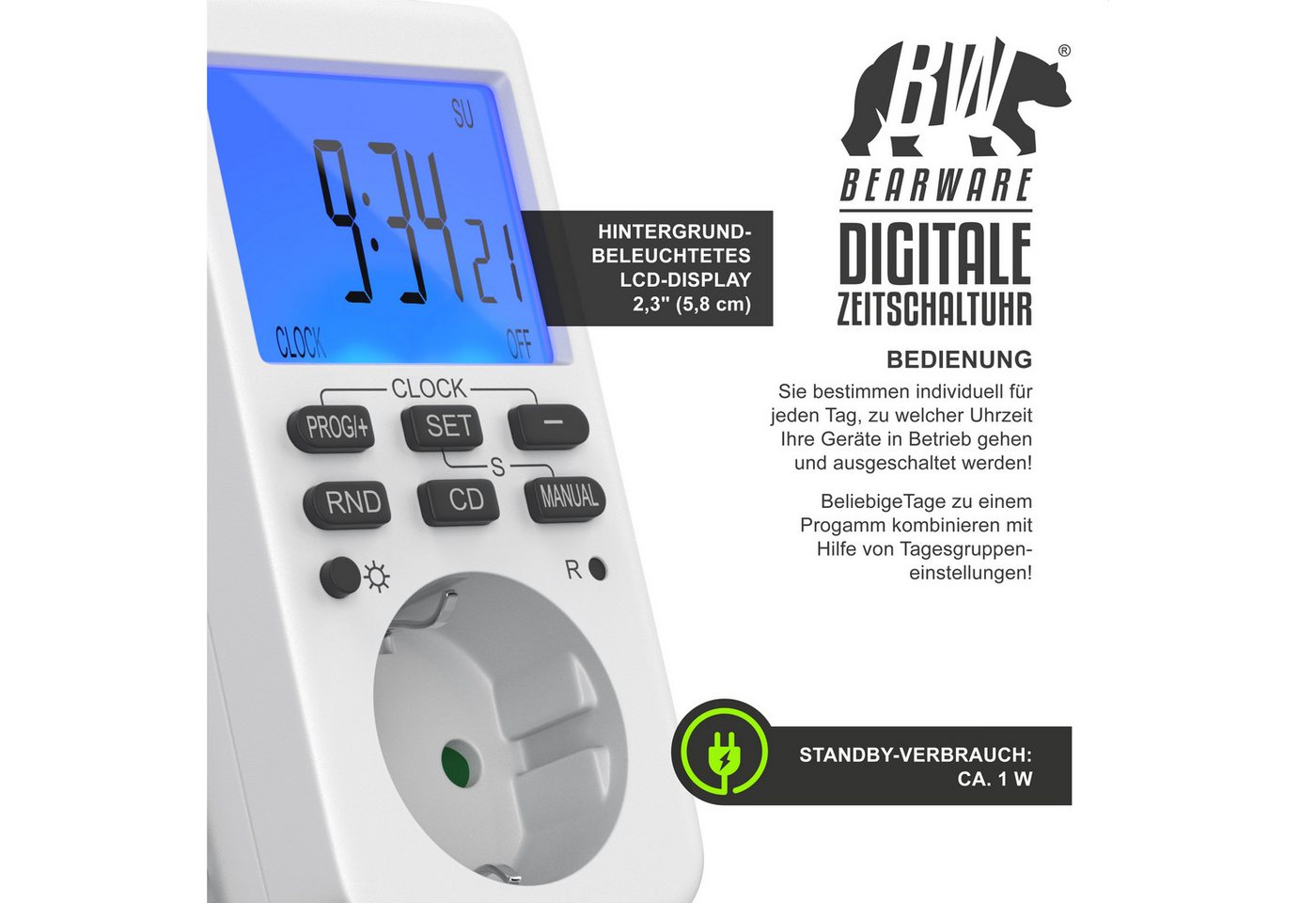 BEARWARE Zeitschaltuhr digital mit LCD Display, Steckdosen Timer, max. 3680W, indoor, digital, 1-St., 10 konfigurierbare Programme, Zufallsschaltung, Wochenzeit – Bild 3 von 5