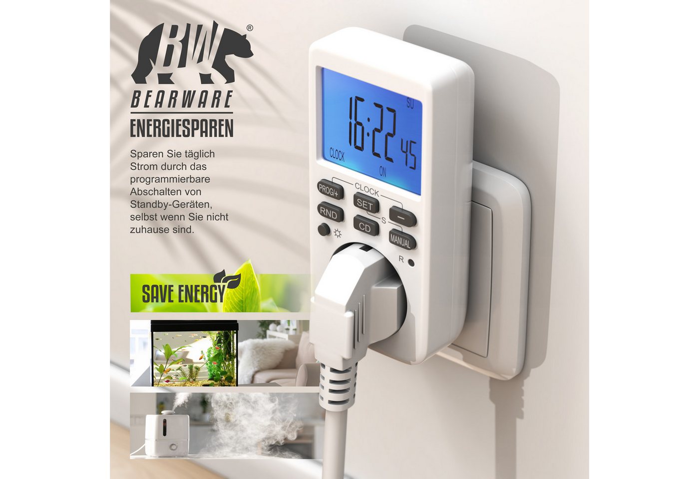 BEARWARE Zeitschaltuhr digital mit LCD Display, Steckdosen Timer, max. 3680W, indoor, digital, 1-St., 10 konfigurierbare Programme, Zufallsschaltung, Wochenzeit – Bild 4 von 5