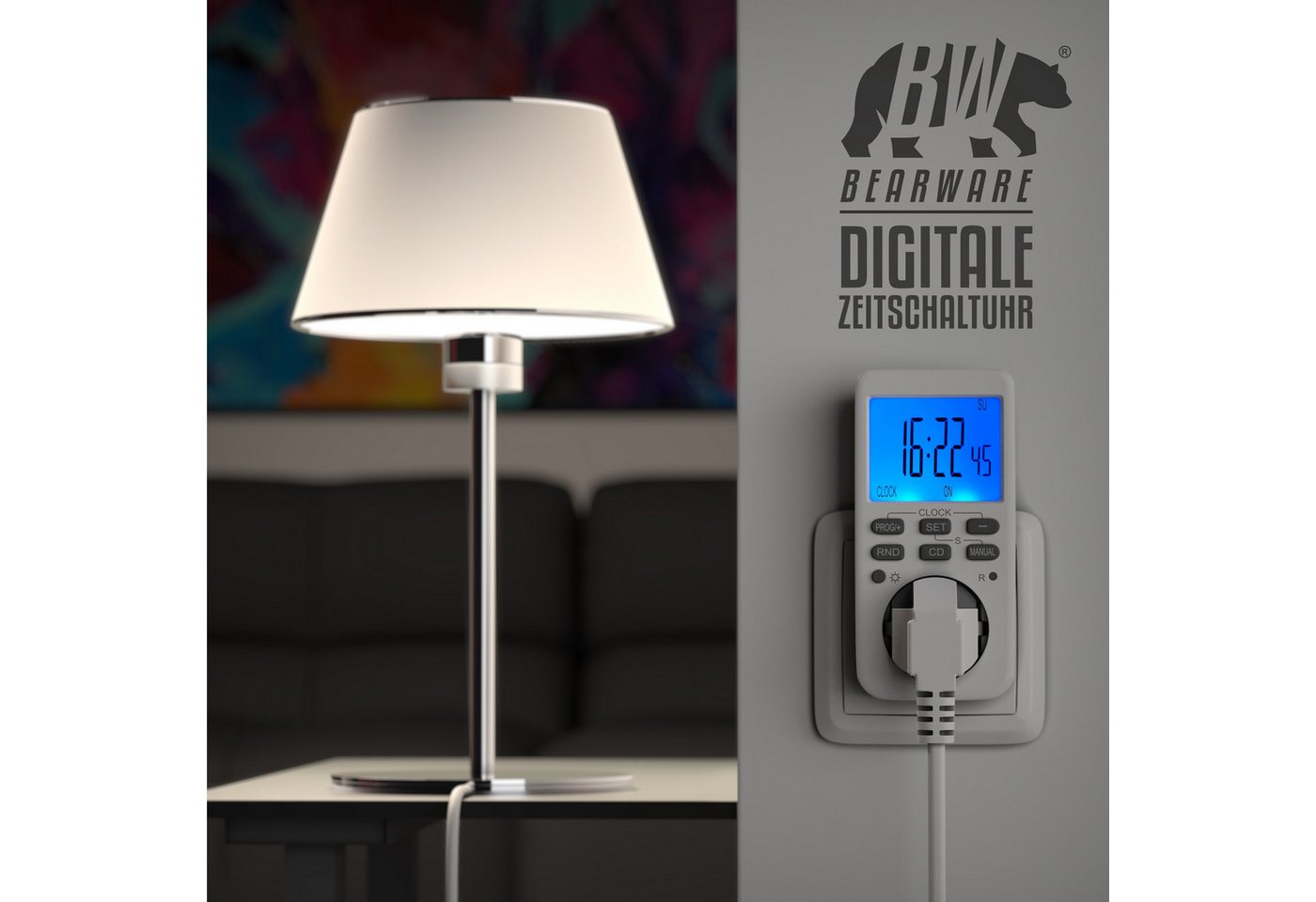 BEARWARE Zeitschaltuhr digital mit LCD Display, Steckdosen Timer, max. 3680W, indoor, digital, 1-St., 10 konfigurierbare Programme, Zufallsschaltung, Wochenzeit – Bild 5 von 5