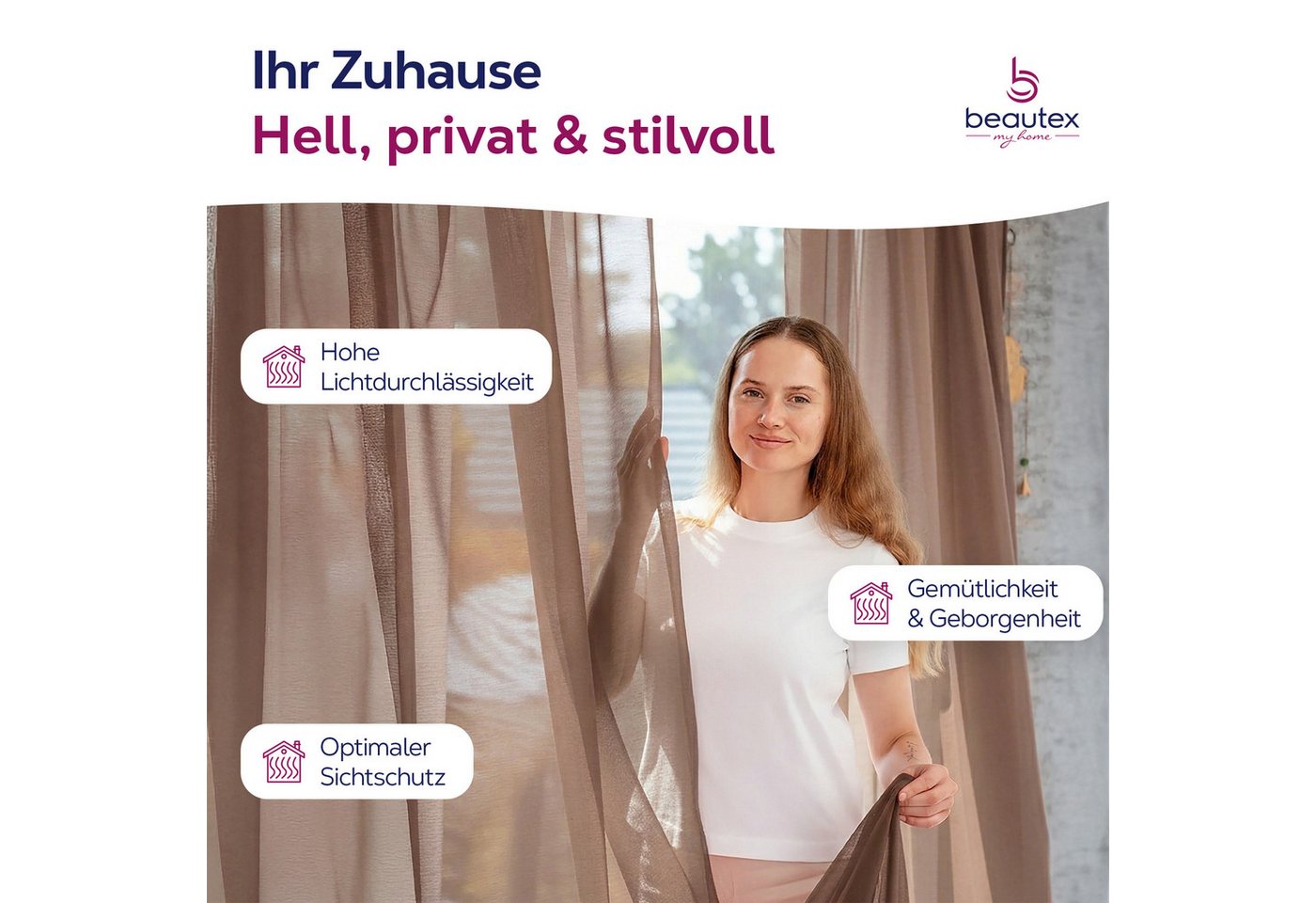 Beautex Gardine transparent Dolly, wählbar mit Kräusel- und Ösen- Aufhängung (2 St), Kräuselband, transparent – Bild 2 von 4