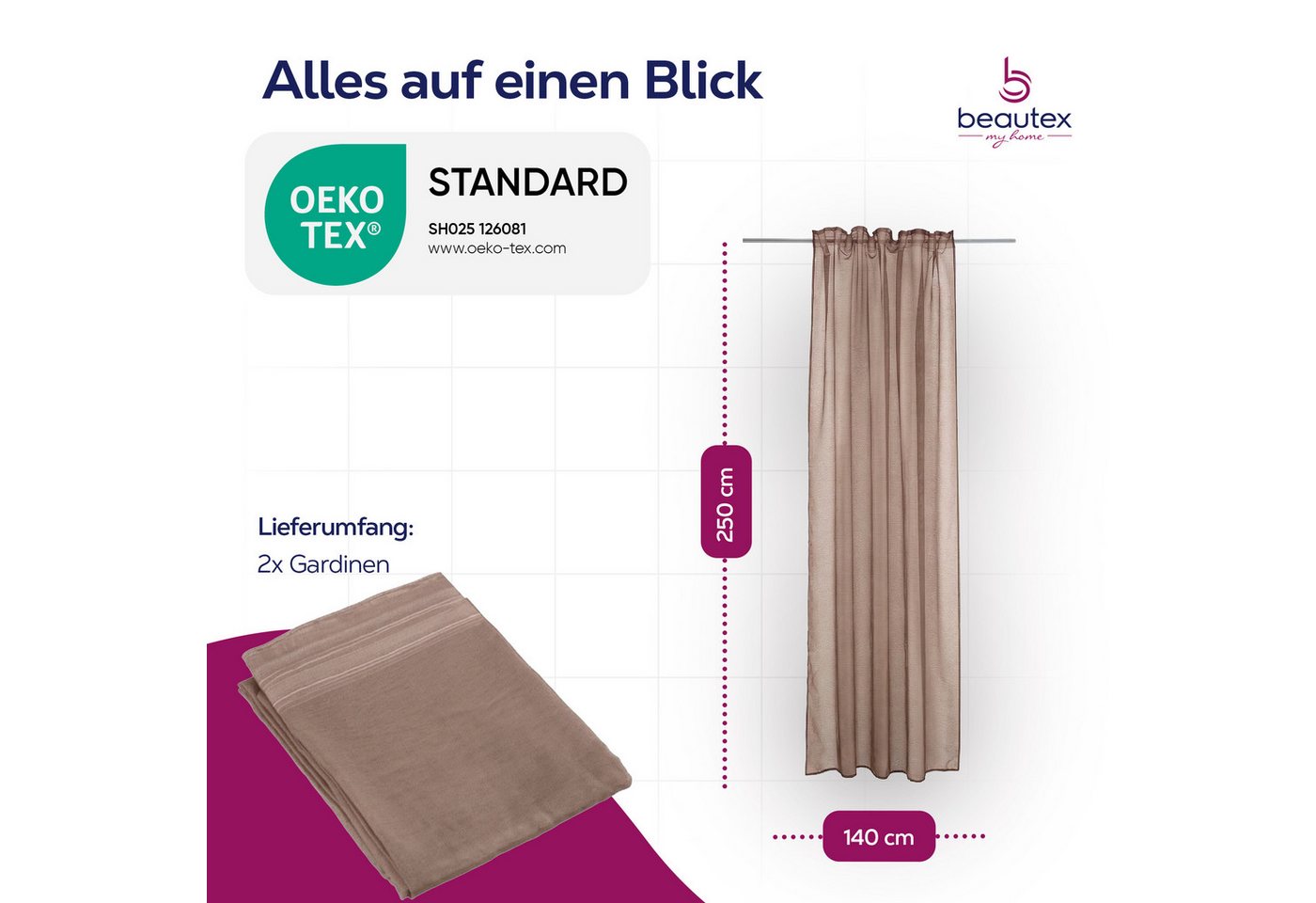 Beautex Gardine transparent Dolly, wählbar mit Kräusel- und Ösen- Aufhängung (2 St), Kräuselband, transparent – Bild 3 von 4