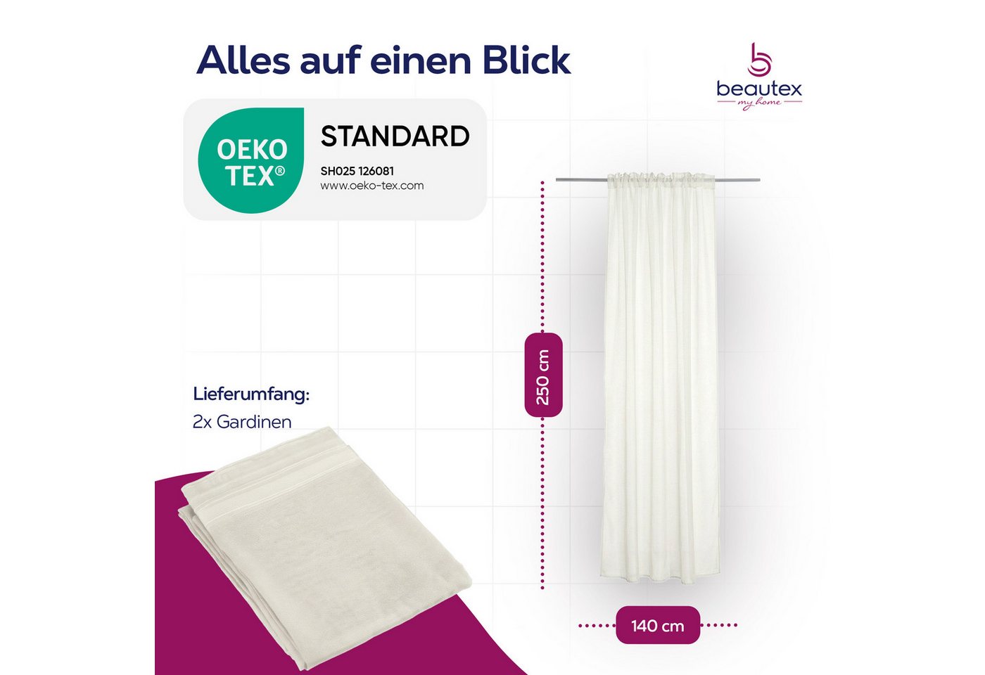 Beautex Gardine transparent Dolly, wählbar mit Kräusel- und Ösen- Aufhängung (2 St), Kräuselband, transparent – Bild 3 von 4