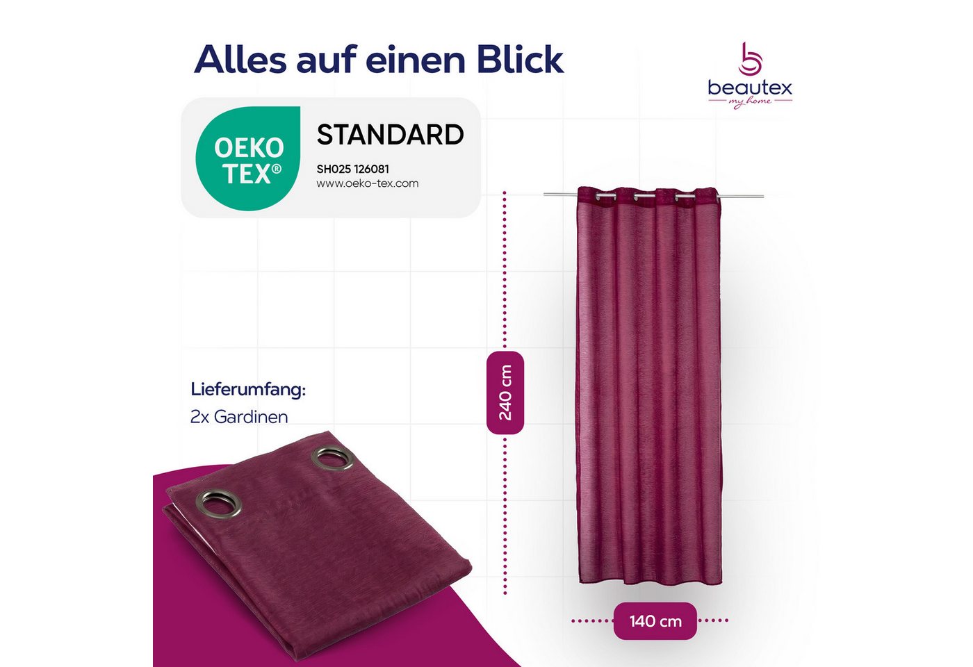 Beautex Gardine transparent Dolly, wählbar mit Kräusel- und Ösen- Aufhängung (2 St), Ösen, transparent – Bild 3 von 4