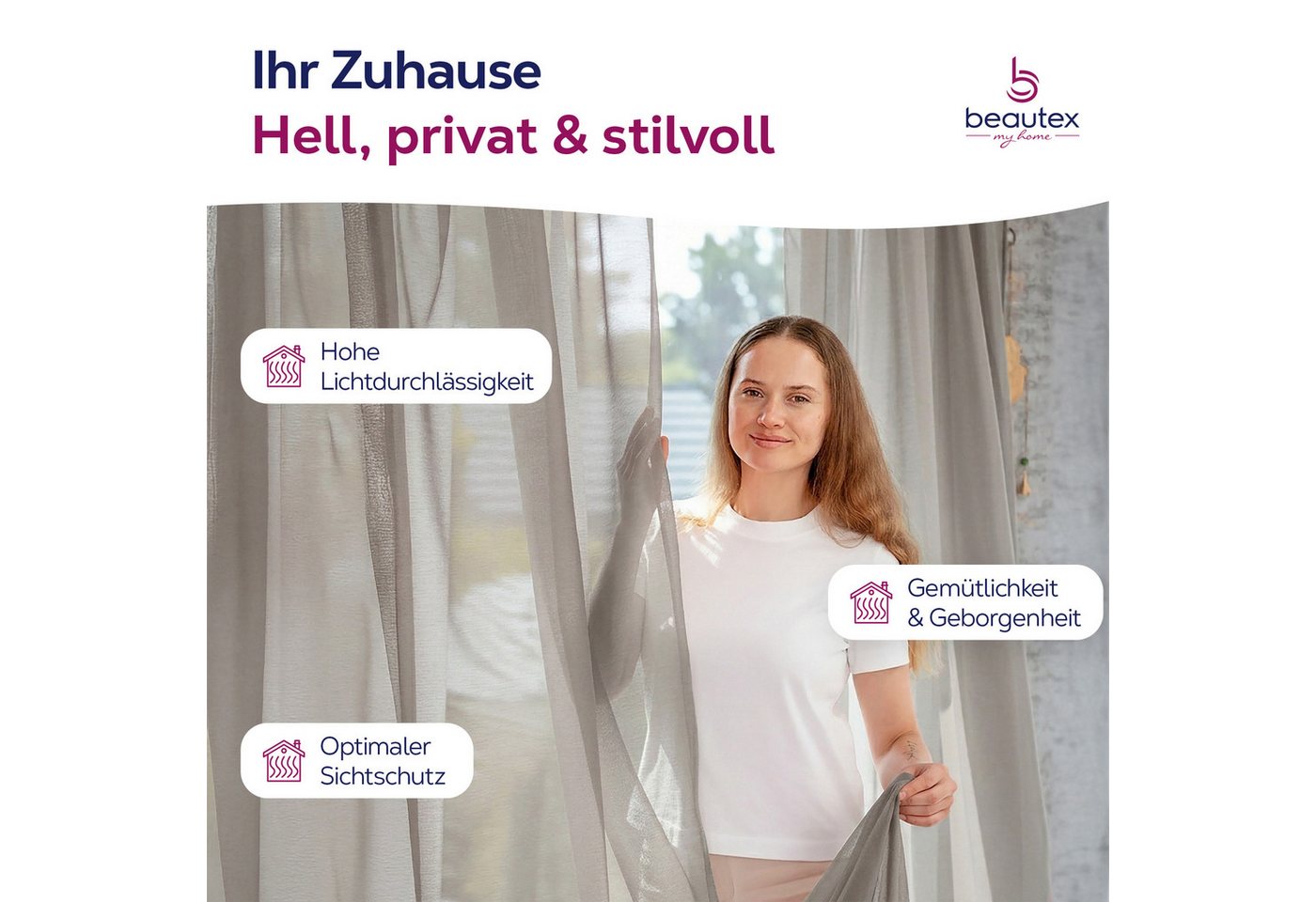 Beautex Gardine transparent Dolly, wählbar mit Kräusel- und Ösen- Aufhängung (2 St), Kräuselband, transparent – Bild 2 von 4