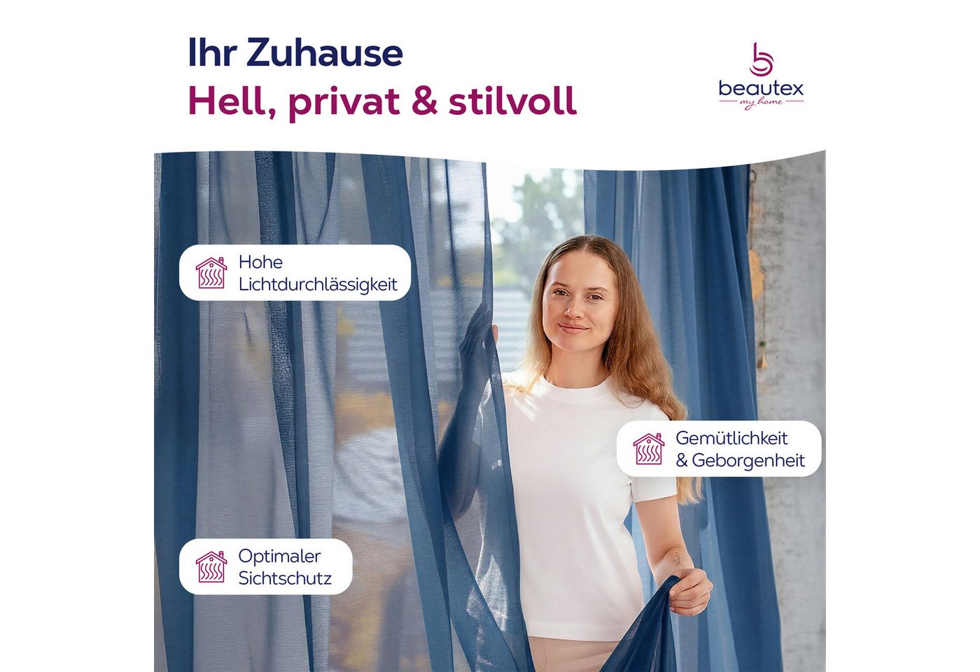 Beautex Gardine transparent Dolly, wählbar mit Kräusel- und Ösen- Aufhängung (2 St), Ösen, transparent – Bild 2 von 4