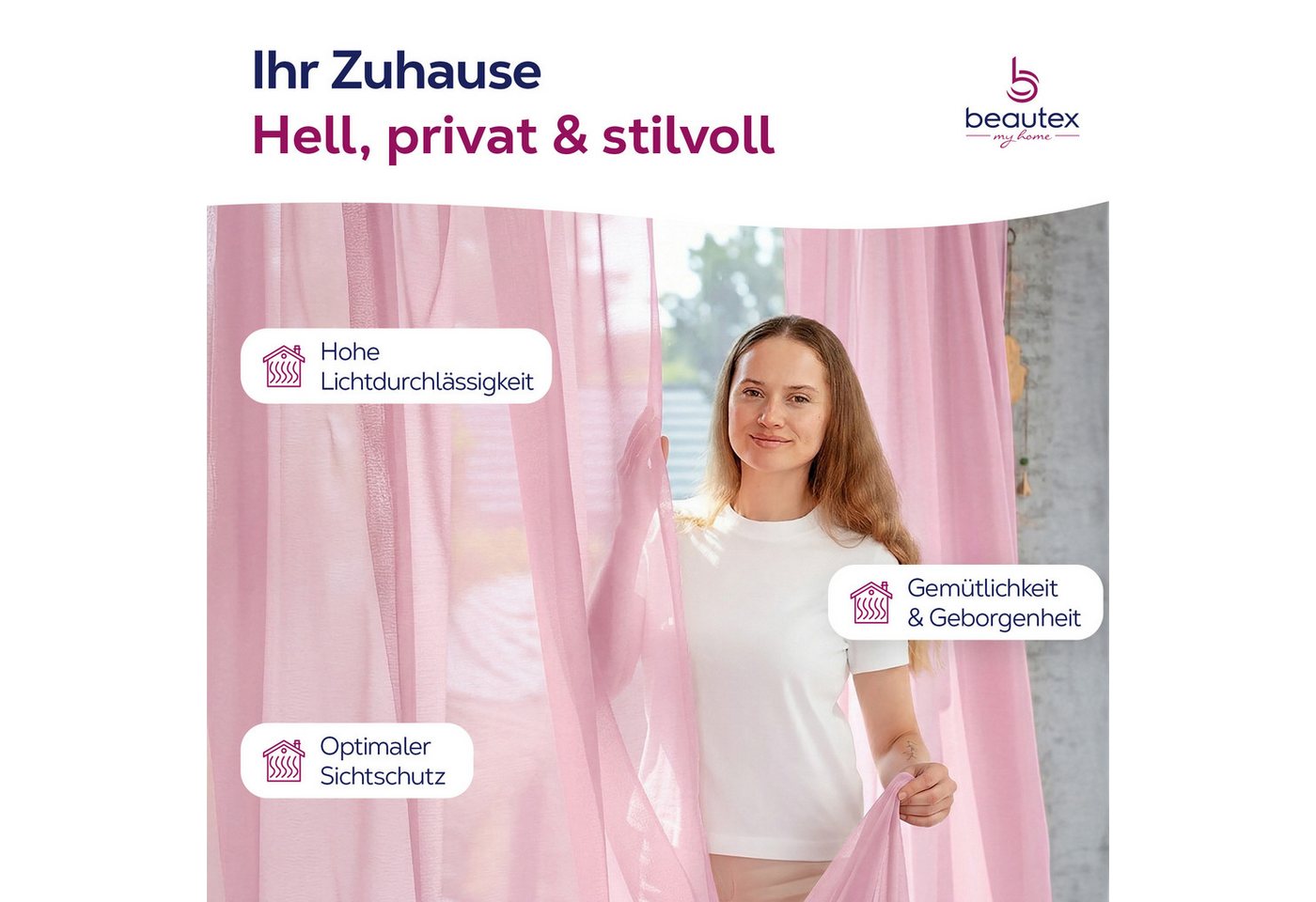 Beautex Gardine transparent Dolly, wählbar mit Kräusel- und Ösen- Aufhängung (2 St), Kräuselband, transparent – Bild 2 von 4