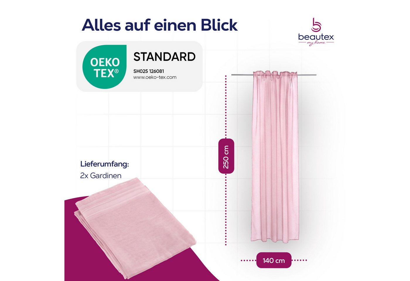 Beautex Gardine transparent Dolly, wählbar mit Kräusel- und Ösen- Aufhängung (2 St), Kräuselband, transparent – Bild 3 von 4