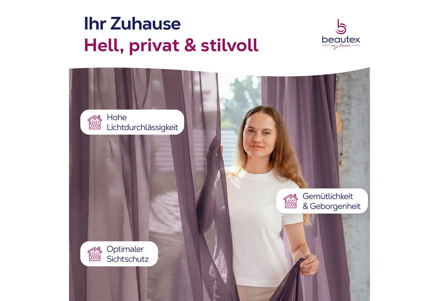 Beautex Gardine transparent Dolly, wählbar mit Kräusel- und Ösen- Aufhängung (1 St), Kräuselband, transparent – Bild 2 von 4