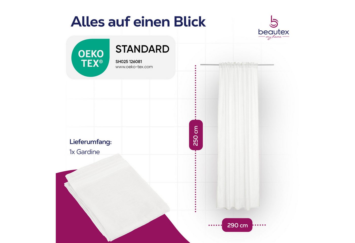 Beautex Gardine transparent Dolly, wählbar mit Kräusel- und Ösen- Aufhängung (1 St), Kräuselband, transparent – Bild 3 von 4