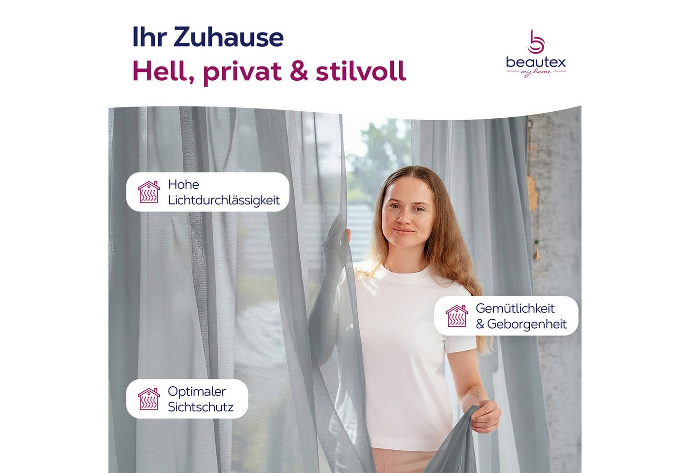 Beautex Gardine transparent Dolly, wählbar mit Kräusel- und Ösen- Aufhängung (2 St), Kräuselband, transparent – Bild 2 von 4