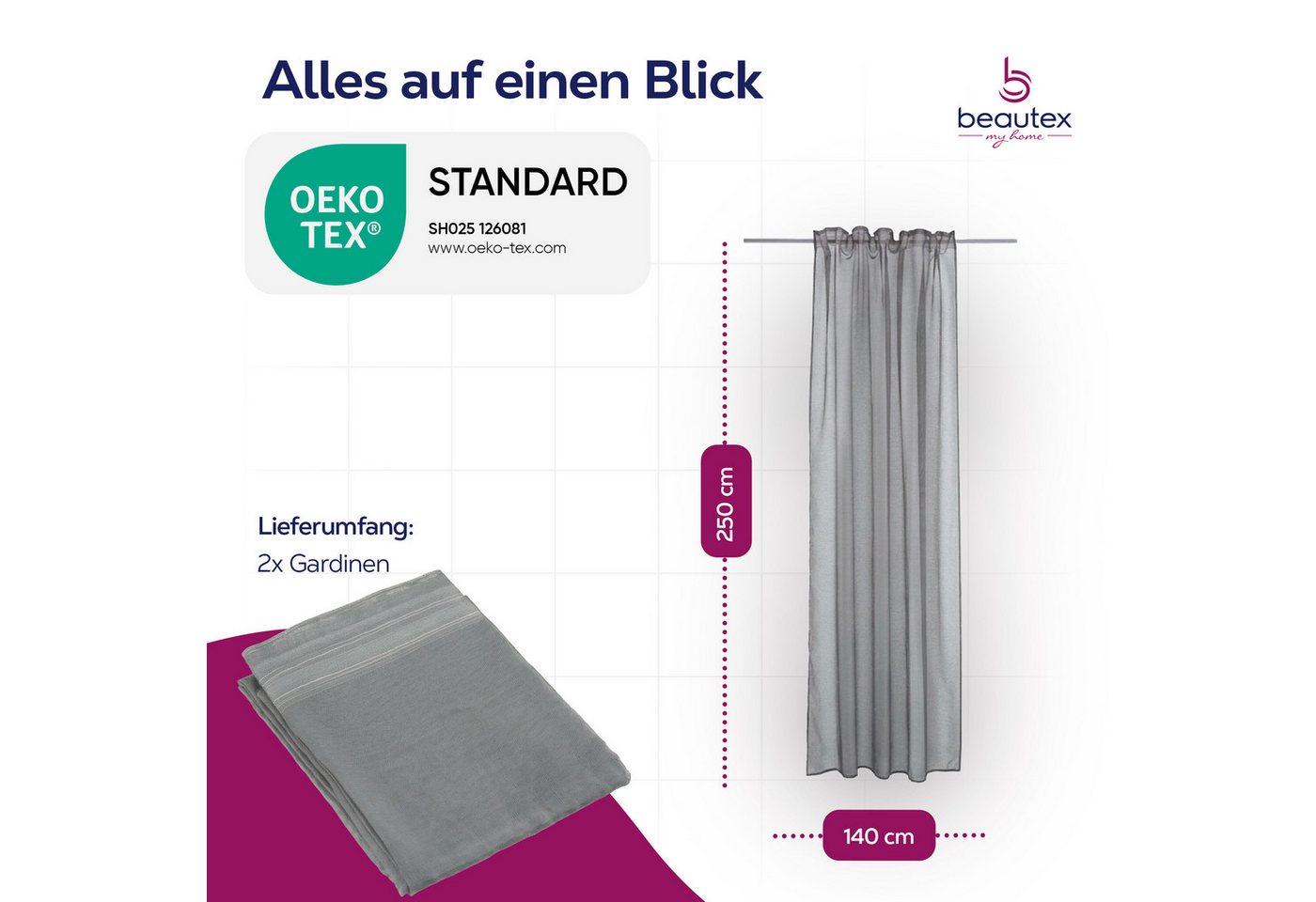 Beautex Gardine transparent Dolly, wählbar mit Kräusel- und Ösen- Aufhängung (2 St), Kräuselband, transparent – Bild 3 von 4