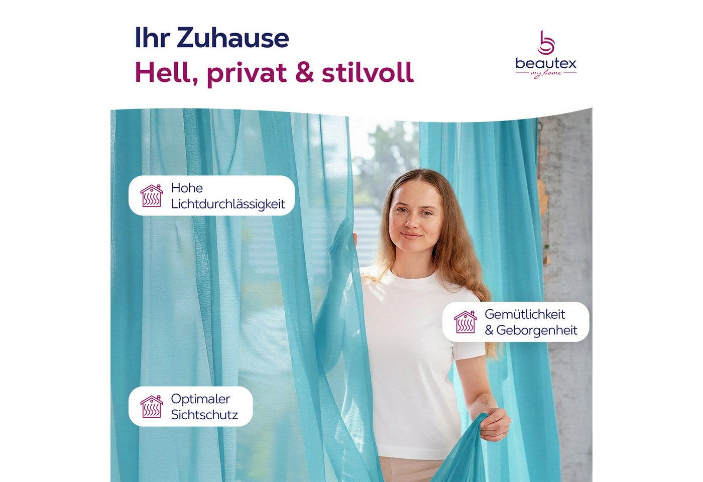 Beautex Gardine transparent Dolly, wählbar mit Kräusel- und Ösen- Aufhängung (2 St), Ösen, transparent – Bild 2 von 4