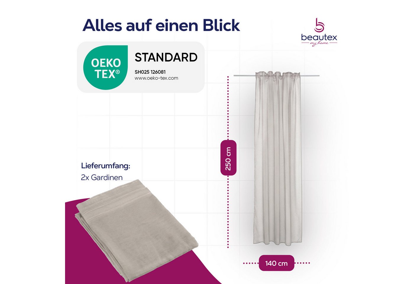Beautex Gardine transparent Dolly, wählbar mit Kräusel- und Ösen- Aufhängung (1 St), Kräuselband, transparent – Bild 4 von 5