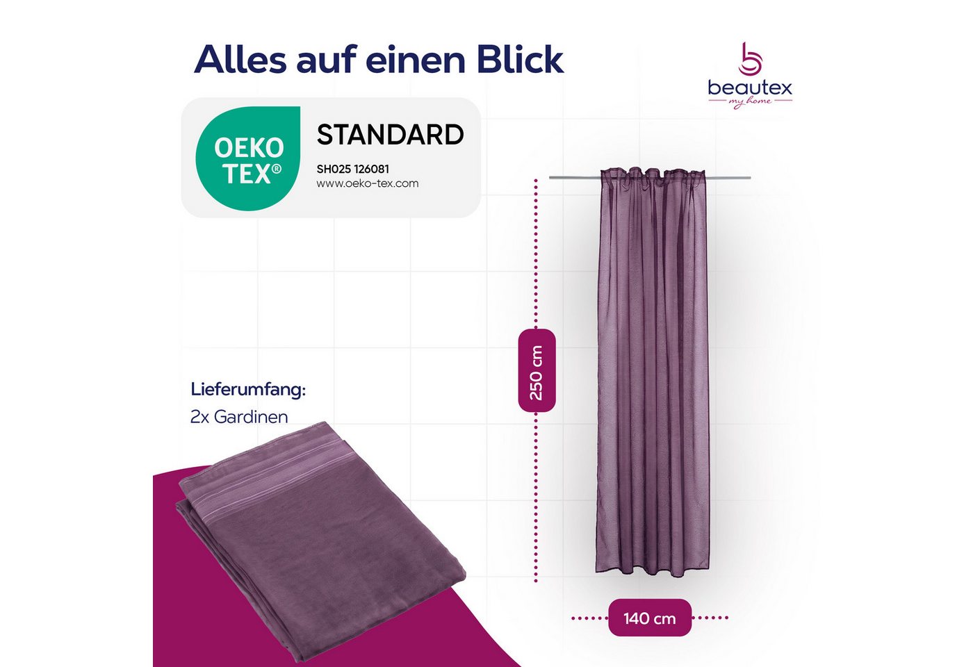 Beautex Gardine transparent Dolly, wählbar mit Kräusel- und Ösen- Aufhängung (2 St), Kräuselband, transparent – Bild 3 von 4