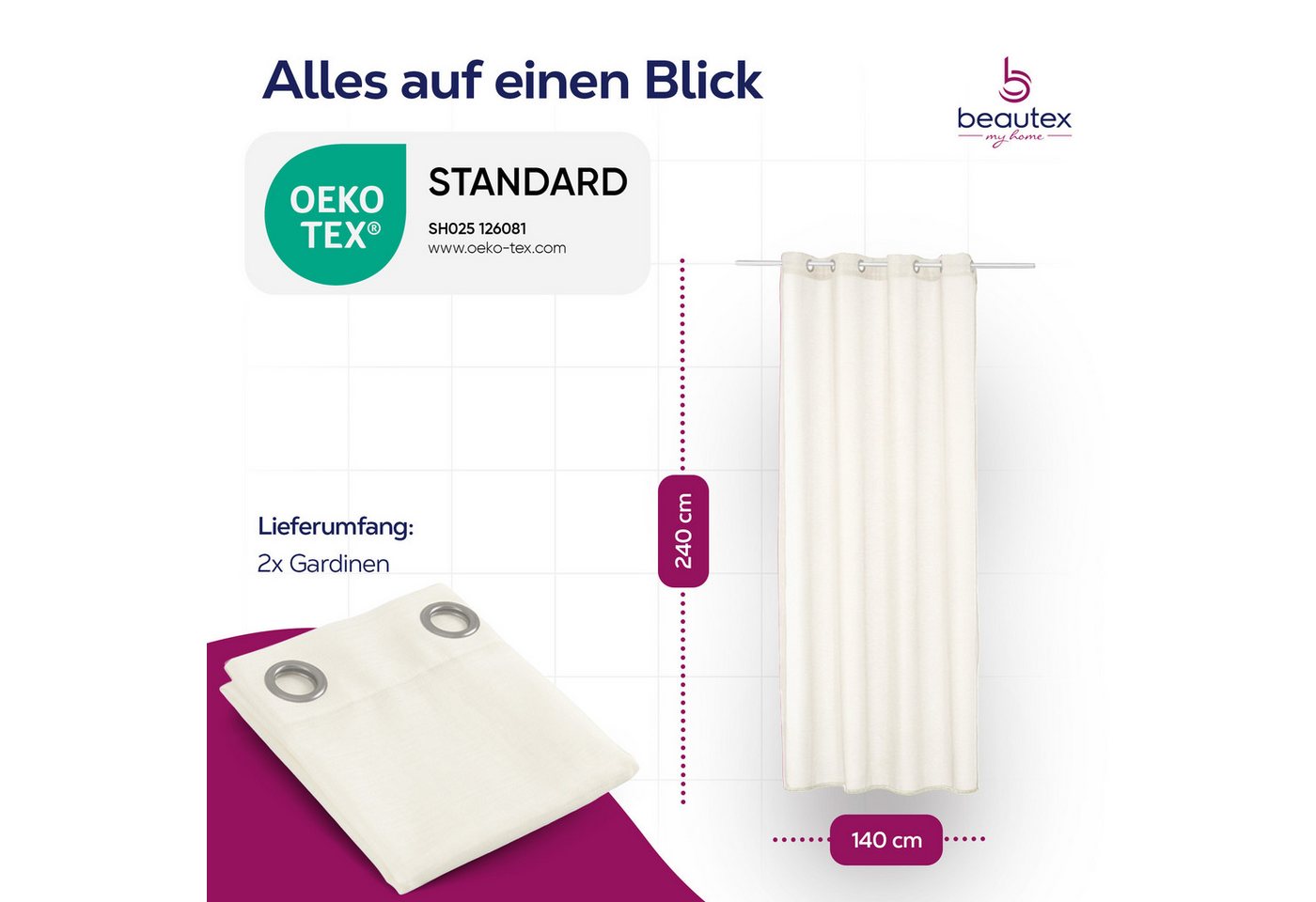 Beautex Gardine transparent Dolly, wählbar mit Kräusel- und Ösen- Aufhängung (2 St), Ösen, transparent – Bild 3 von 4