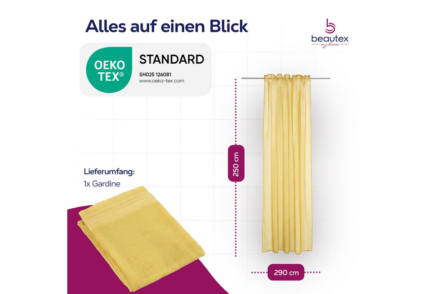 Beautex Gardine transparent Dolly, wählbar mit Kräusel- und Ösen- Aufhängung (1 St), Kräuselband, transparent – Bild 3 von 4