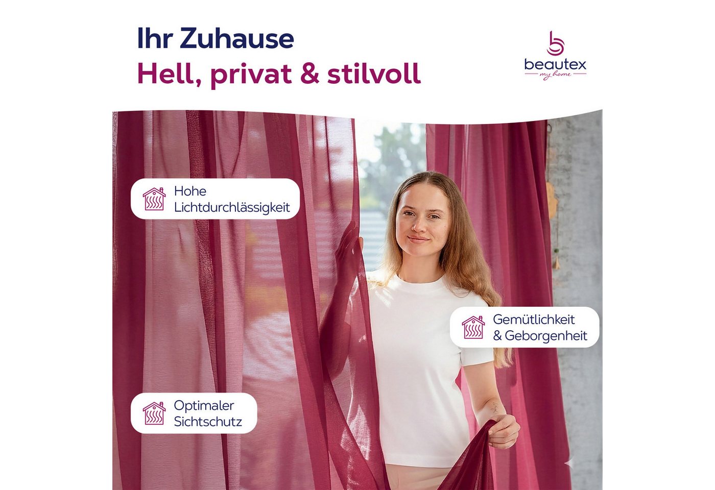 Beautex Gardine transparent Dolly, wählbar mit Kräusel- und Ösen- Aufhängung (1 St), Kräuselband, transparent – Bild 2 von 4