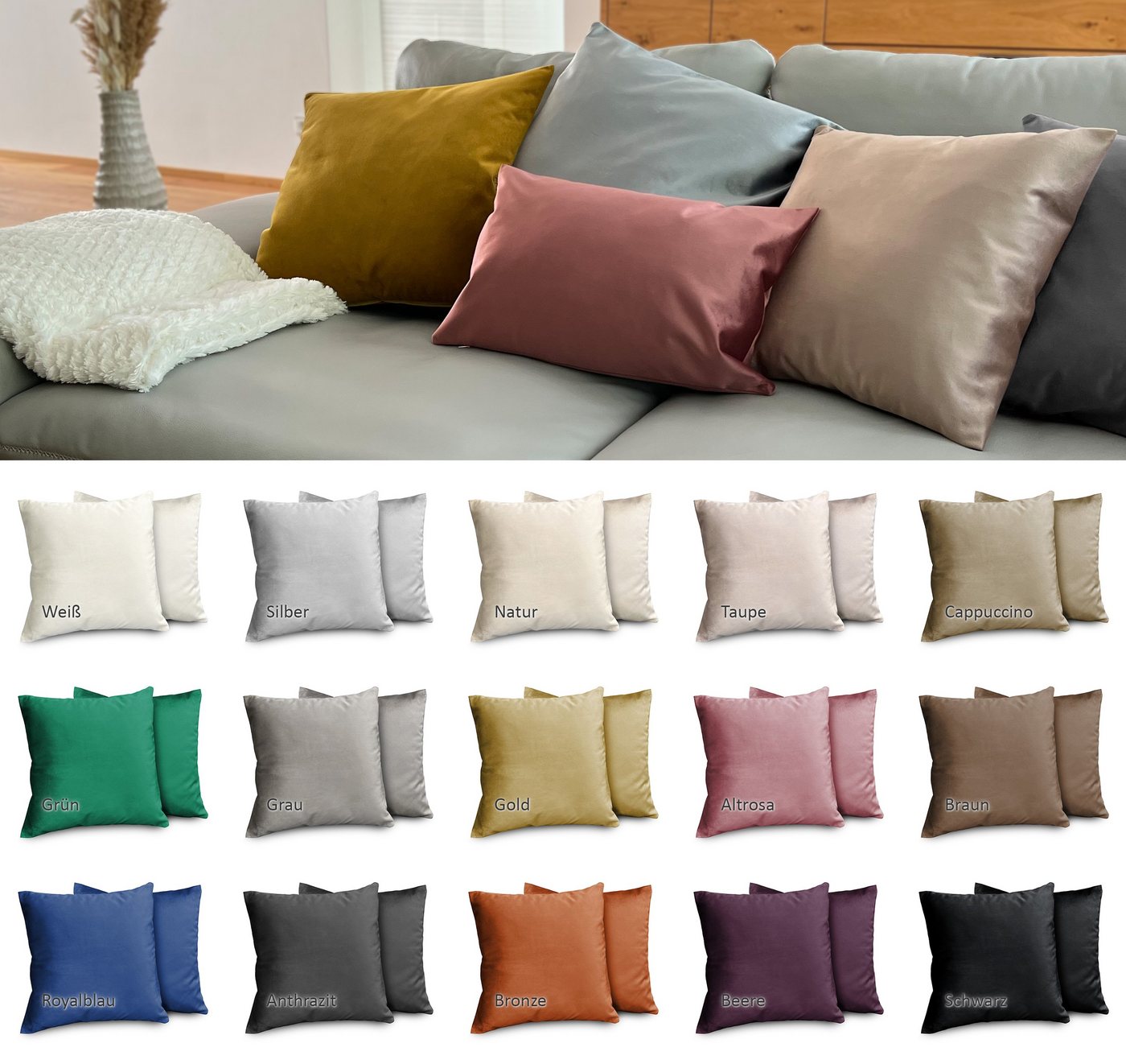 Beautex Kissenhüllen Samt 2er Set, Premium Kissenbezug, Sofa- und Dekokissen, (2 Stück), extra weich, viele Farben und Größen, verdeckter Reißverschluss – Bild 4 von 5