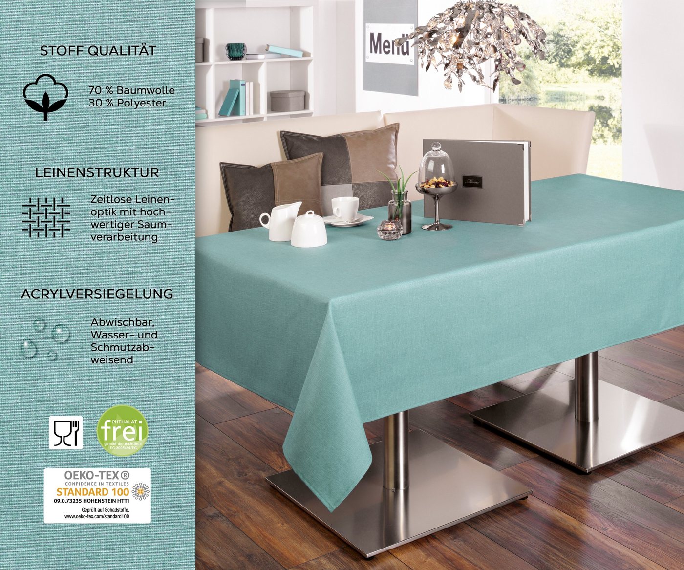 Beautex Tischdecke Leinenoptik wasserabweisend, fleckabweisend und pflegeleicht (1-tlg), Hochwertiger Saum, waschbar bis 40°C, 70% Baumwolle, 30% Polyester – Bild 3 von 5
