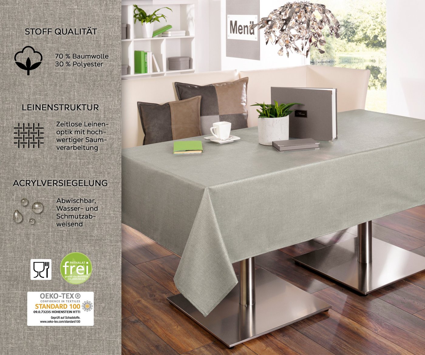 Beautex Tischdecke Leinenoptik wasserabweisend, fleckabweisend und pflegeleicht (1-tlg), Hochwertiger Saum, waschbar bis 40°C, 70% Baumwolle, 30% Polyester – Bild 3 von 5