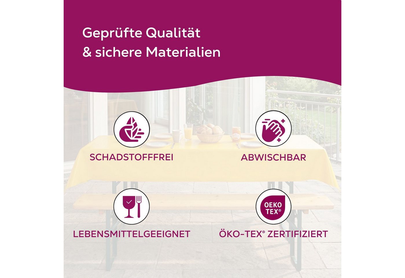 Beautex Tischdecke, Partytischdecke, für Biertischgarnituren, 100x250cm, viele Farben (2-tlg), wasserabweisend, abwaschbar, lebensmittelecht, strapazierfähig – Bild 5 von 5