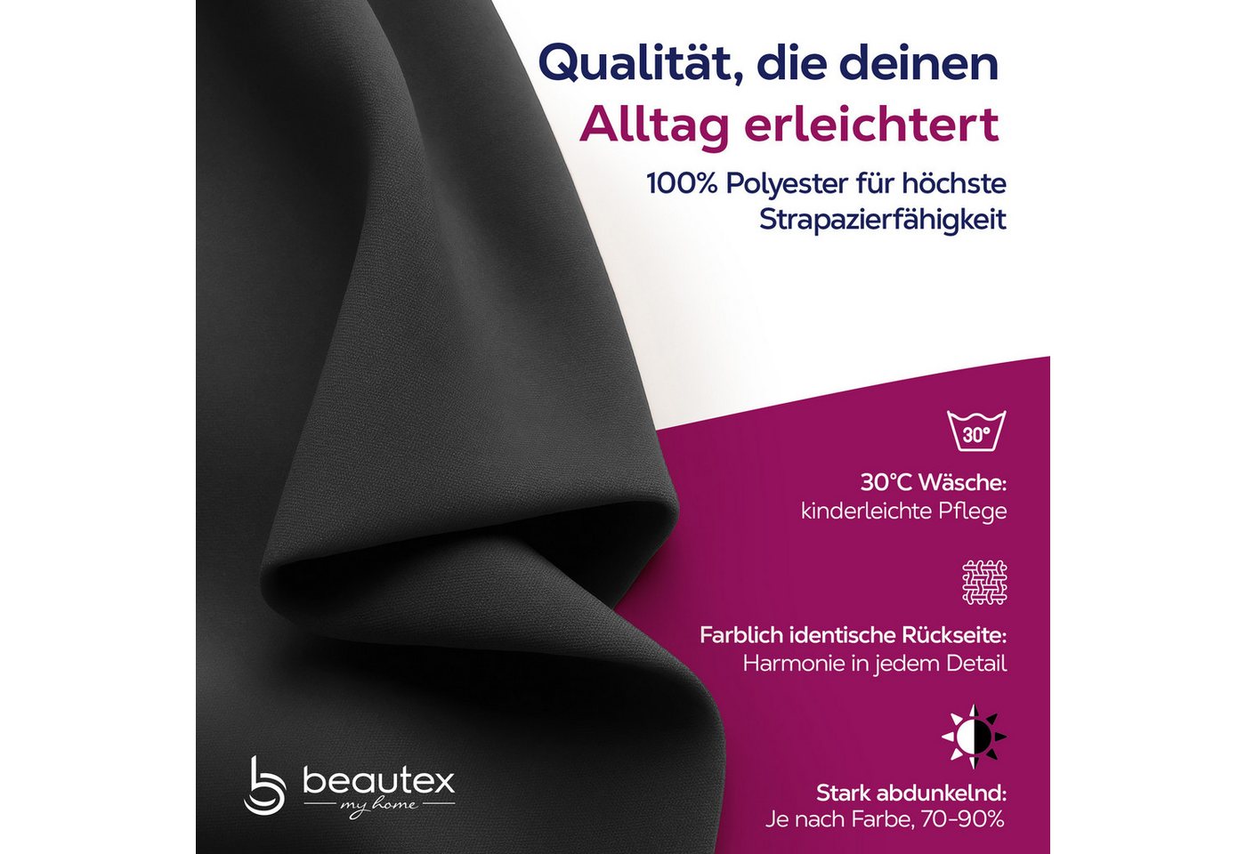 Beautex Verdunkelungsvorhang 2er Set mit U-Band, Blackout Vorhang Gardine abdunkelnd (2 St), Kräuselband, verdunkelnd, 2er Set, wärmeisolierend, blickdicht, was – Bild 2 von 5
