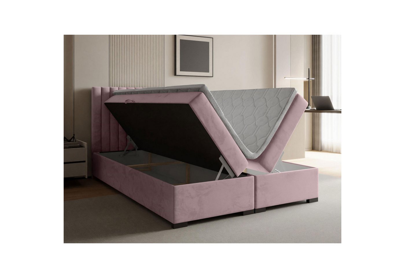 Beautysofa Boxspringbett ERIC mit Bettkasten (mit hohem Schlafkomfort, Premium Polsterbett in 6 angesagten Farben), Doppelbett mit integrierter Federkernmatratz – Bild 4 von 5