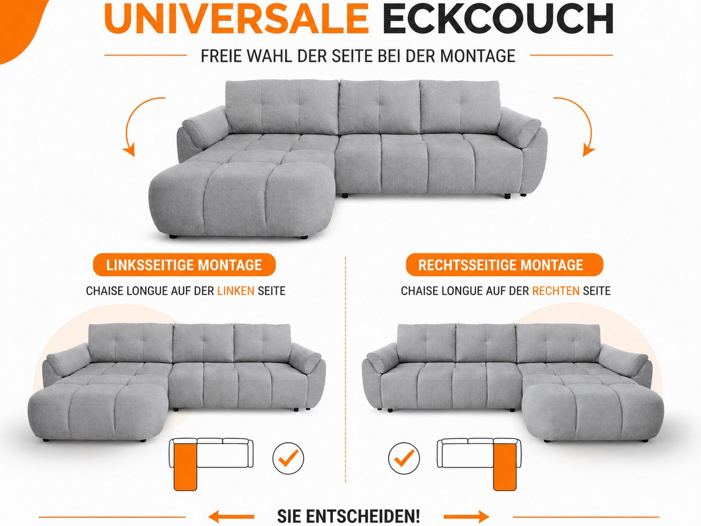Beautysofa Ecksofa MASSIMO L-Form mit universelle Ottomane, Schlaffunktion, Bettkasten, Schlaffläche: 140 × 236 cm – Bild 4 von 5