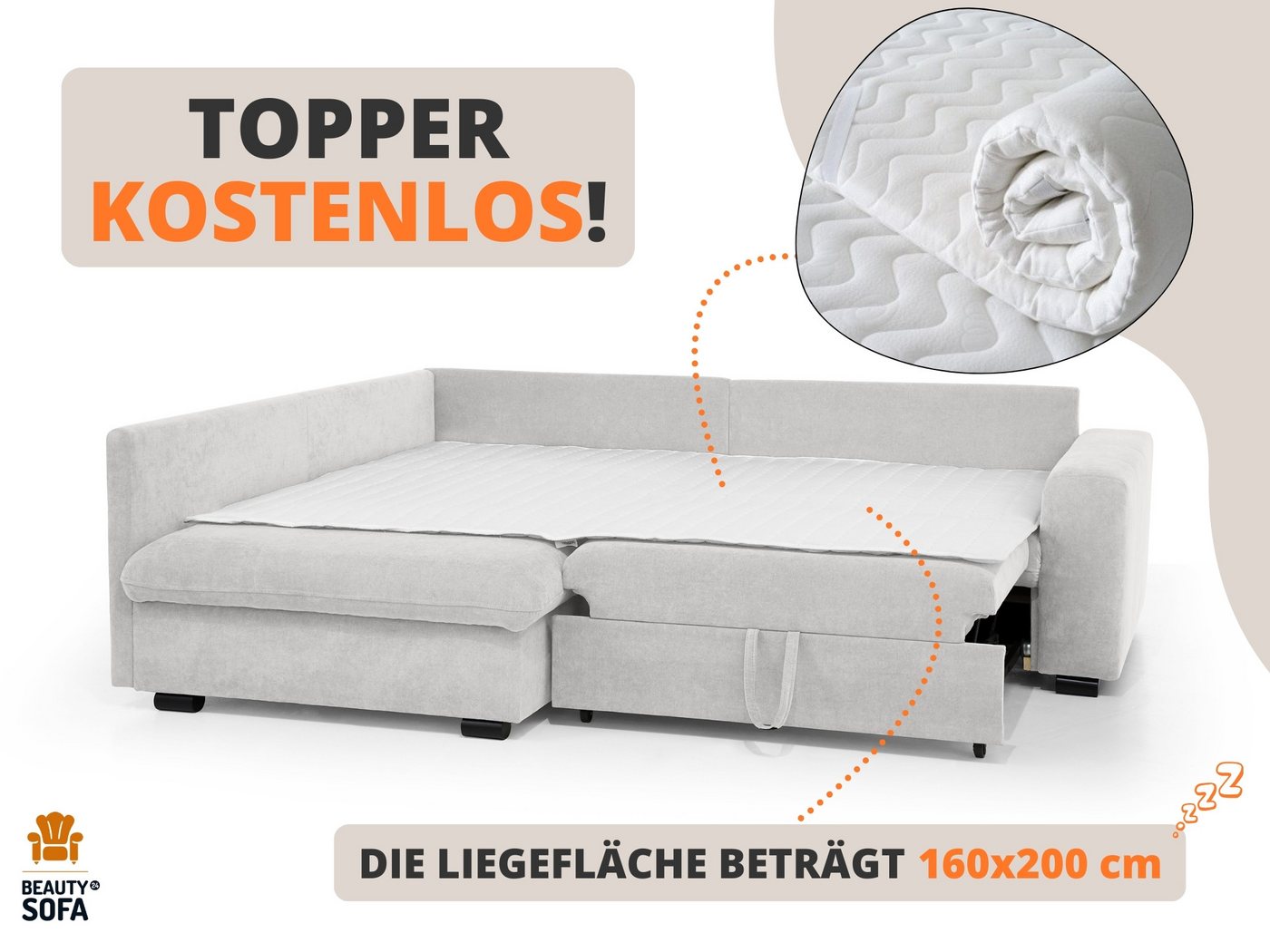 Beautysofa Ecksofa RAMO mit Schlaffunktion 160x200 cm, im Set mit Topper – Bild 4 von 5