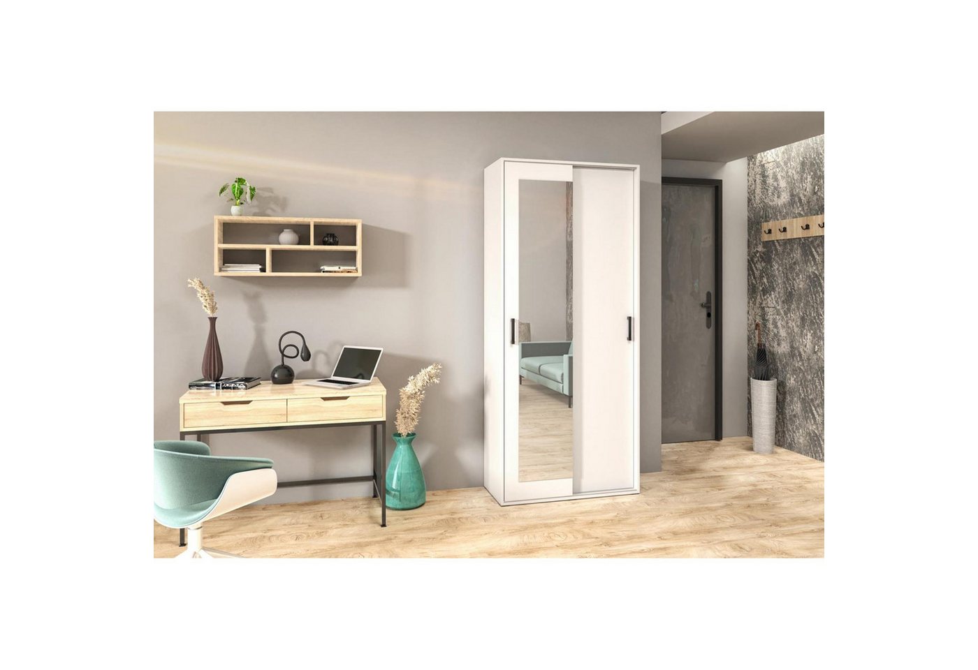Beautysofa Garderobenschrank mit Spiegel LANO (modern / loft Stil) Kleiderschrank mit Türen – Bild 2 von 4