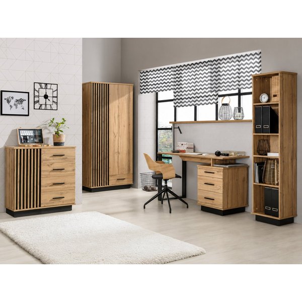 Beautysofa Jugendzimmer-Set LAMELO im modernen Loft-Stil, (Holzoptik mit schwarzen Details, Set 4-teilig: Kleiderschrank, Bücherregal, Schreibtisch und Kommode)