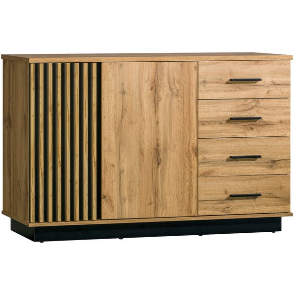 Beautysofa Kommode Lamelo mit 4 Schubladen und 2 Türen (Lamellenfront, Eiche Wotan/Schwarz, modernes Loft-Design), zweitürig, mit Dekorlamellen