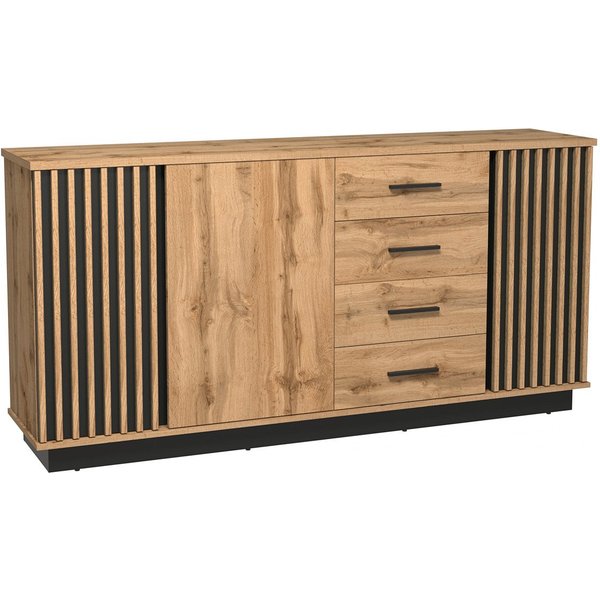 Beautysofa Kommode Lamelo mit 4 Schubladen und 3 Türen (Lamellenfront, Eiche Wotan/Schwarz, modernes Loft-Design), mit dekorativen Lamellen, geräumig
